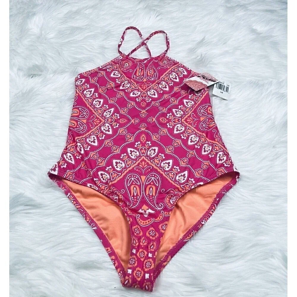 NEW HOBIE High Neck Halter One Piece Girls Size 16 Swimsuit Swimwear Pink